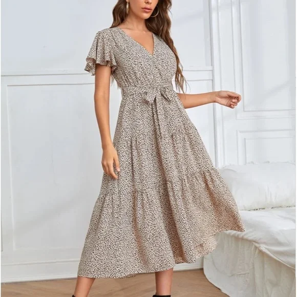 Shein Dresses | Leopard Print Surplice Neck Flutter Sleeve Belted A-Line Dress | Color: Tan/White | Size: 2 | Graceawilliams's Closet